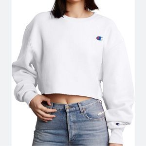White Cropped Champion Crewneck